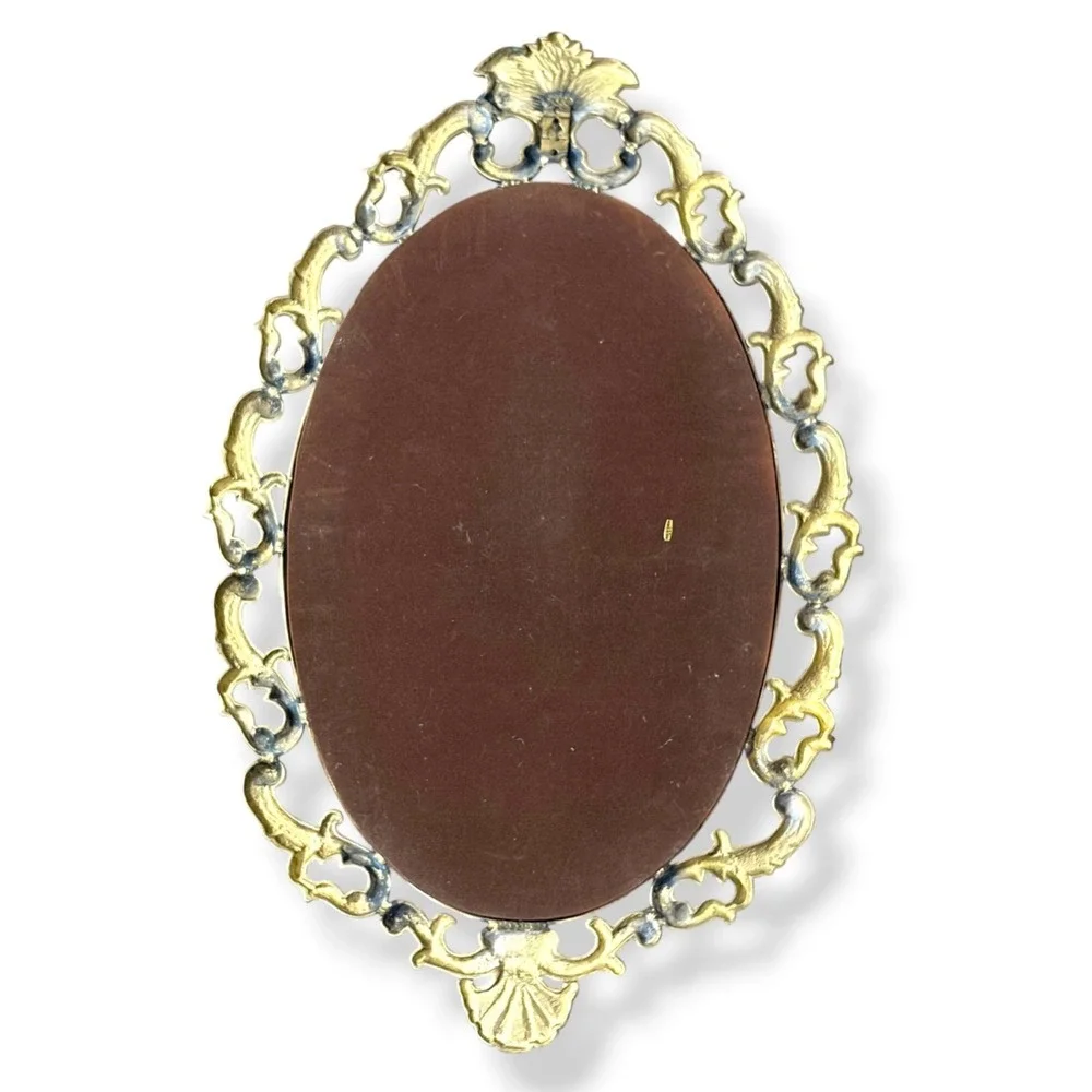 Vintage Solid Brass Baroque Wall Mirror Ornate Heavy Oval Regency Decor MCM